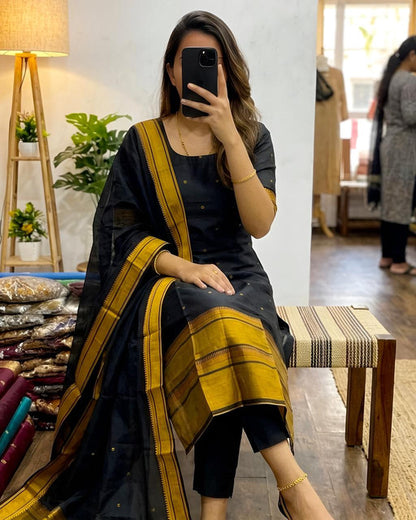 Heavy Kanchi Cotton Stitched Kurti with Zari Weaving and Dupatta Charcoal
