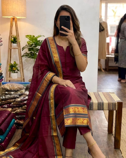 Heavy Kanchi Cotton Stitched Kurti with Zari Weaving and Dupatta Crimson Red