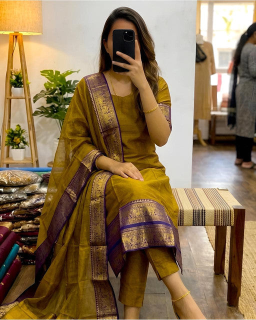 Heavy Kanchi Cotton Stitched Kurti with Zari Weaving and Dupatta Mustard