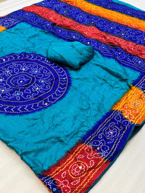 Banno Pure Moss Bandhani Saree with Mirror Work Blue