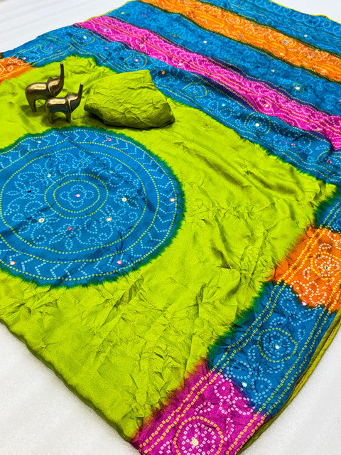 Banno Pure Moss Bandhani Saree with Mirror Work Mint Green