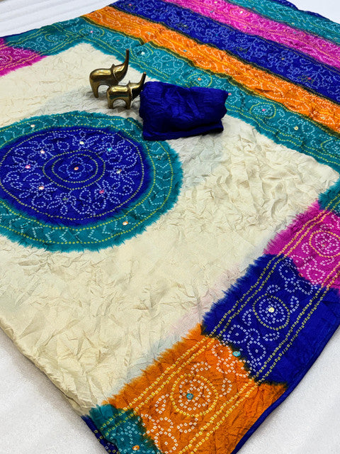 Banno Pure Moss Bandhani Saree with Mirror Work Beige