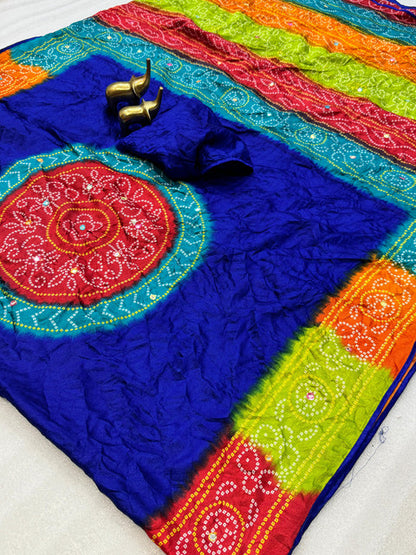 Banno Pure Moss Bandhani Saree with Mirror Work Navy Blue