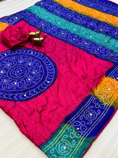 Banno Pure Moss Bandhani Saree with Mirror Work Rani Pink