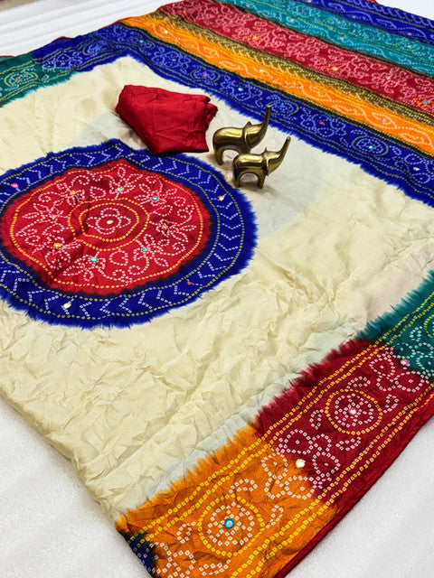 Banno Pure Moss Bandhani Saree with Mirror Work Peach