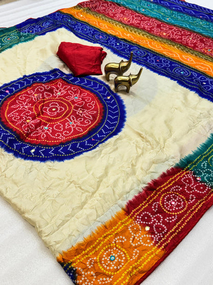 Banno Pure Moss Bandhani Saree with Mirror Work Peach