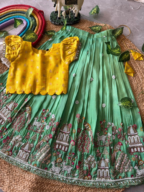Maggam Work Village Theme Kids Lehenga Mustard