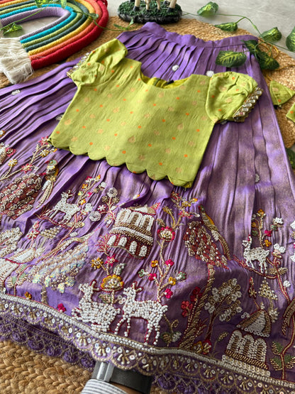 Maggam Work Village Theme Kids Lehenga Lavender