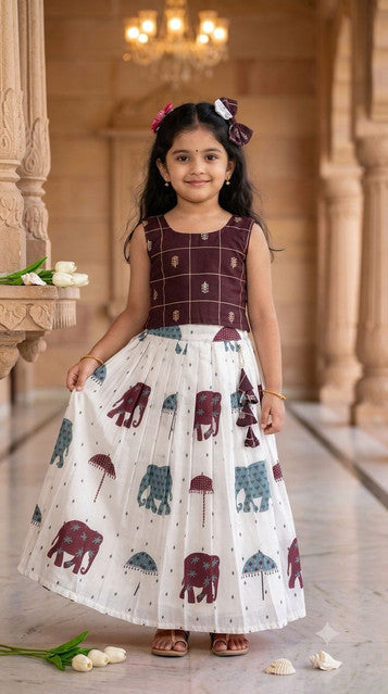 Little Kids Lehenga Choli with Elephant Print Wine