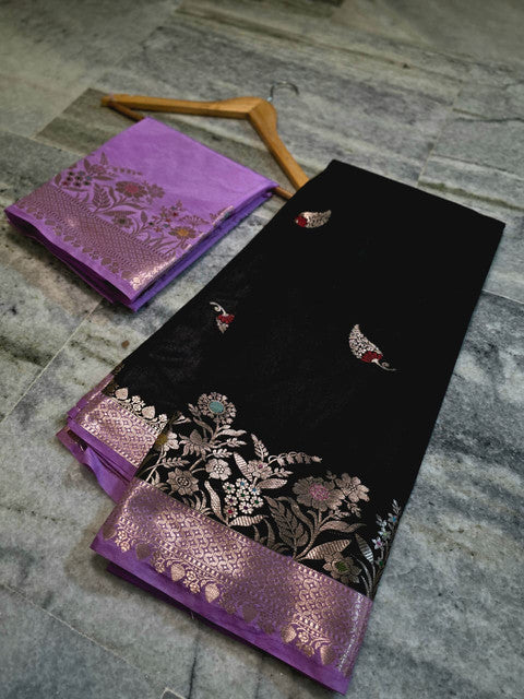 Banarasi Katan Silk Saree with Contrast Alfi Border and Zari Butti Black