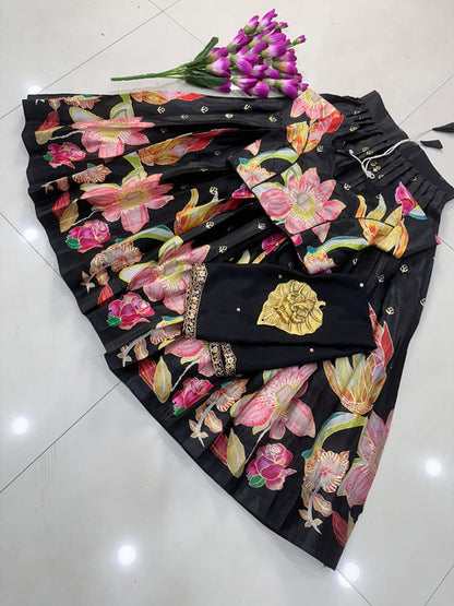 Position Foil Work Pure Silk Lehenga Choli Set Black