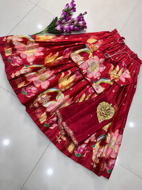 Position Foil Work Pure Silk Lehenga Choli Set Ruby Red