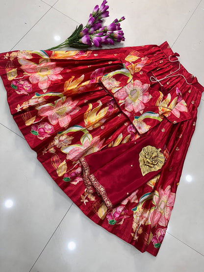 Position Foil Work Pure Silk Lehenga Choli Set Ruby Red