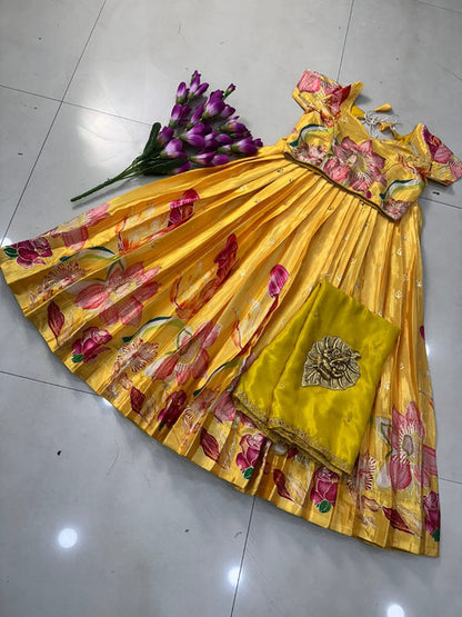 Position Foil Work Pure Silk Lehenga Choli Set Gold