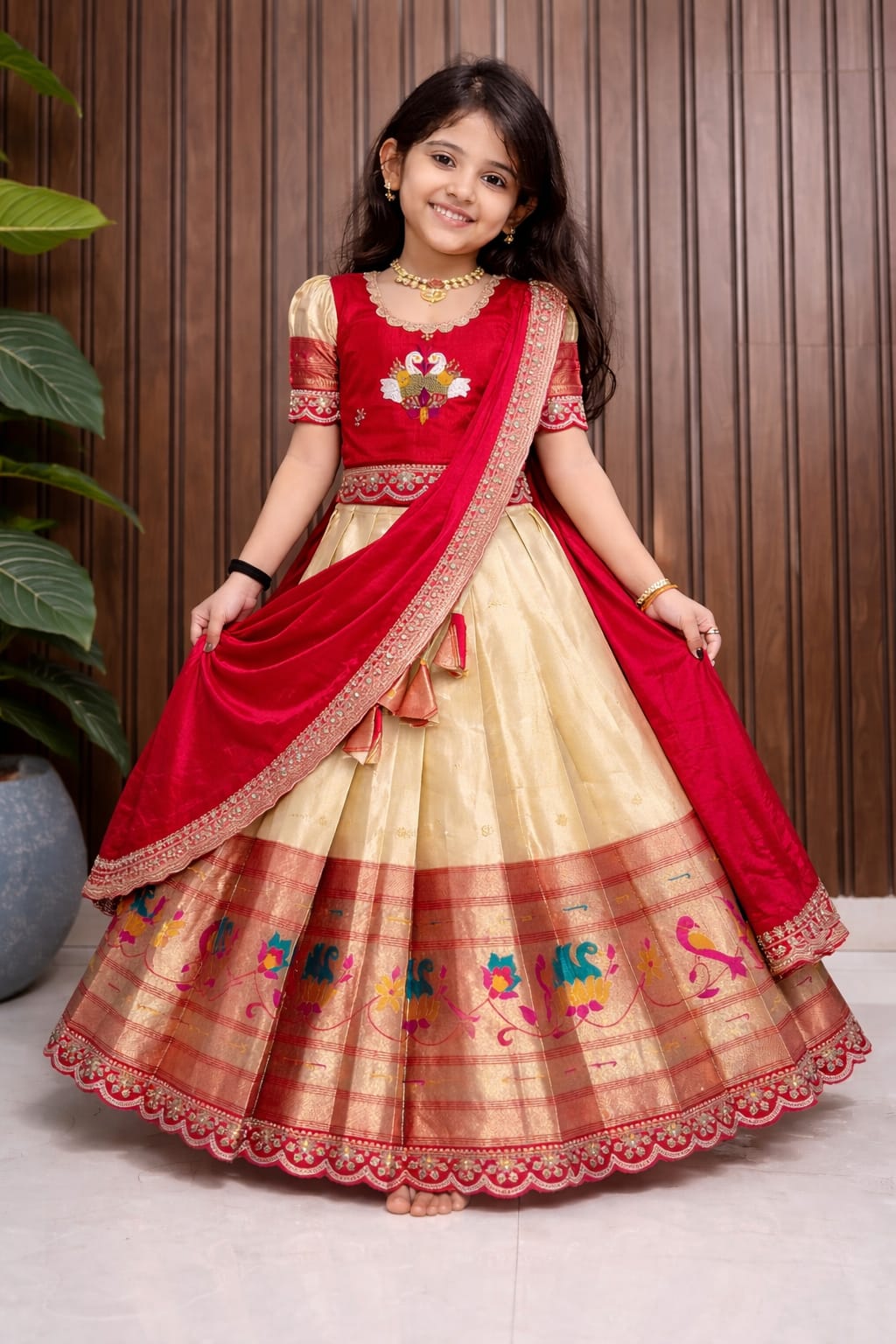 Paithani Kids Lehenga Choli with Zari Weaving & Embroidery
