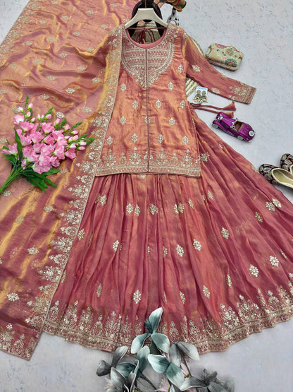 Two Tone Fandy Silk Embroidered Lehenga Set with Sequins Work