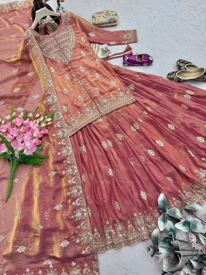 Two Tone Fandy Silk Embroidered Lehenga Set with Sequins Work