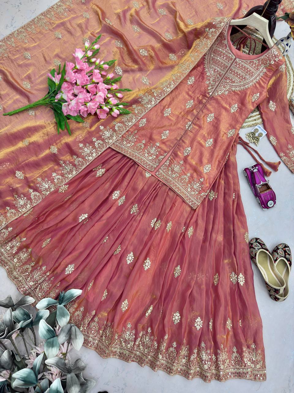 Two Tone Fandy Silk Embroidered Lehenga Set with Sequins Work