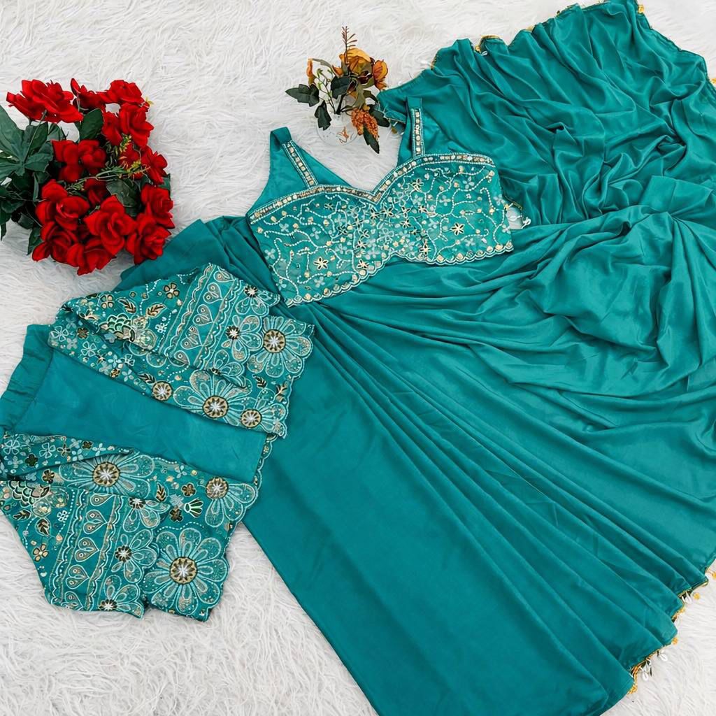 Ready-to-Wear Heavy Crepe Silk Saree with Embroidered Koti and Blouse