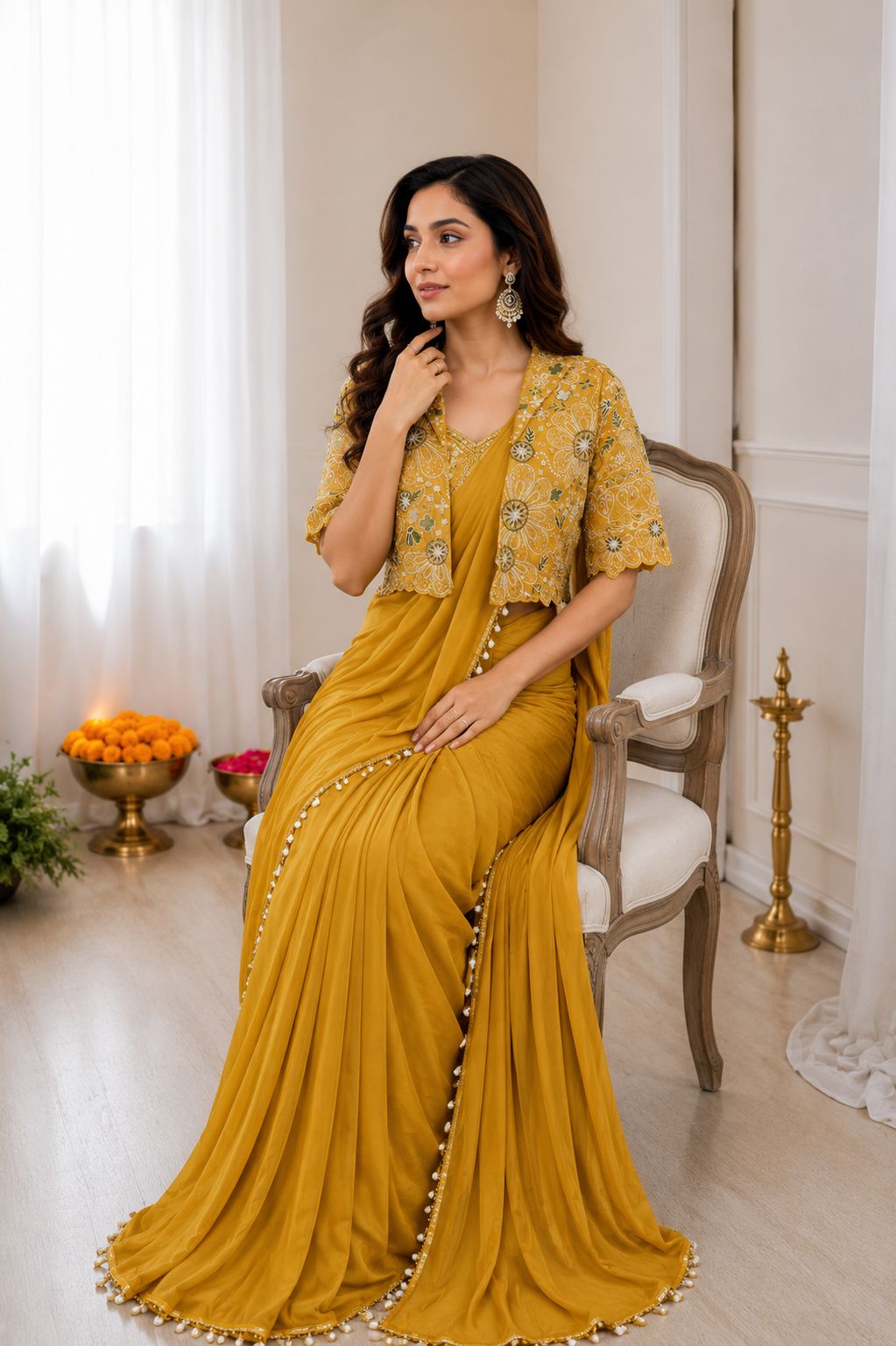 Ready-to-Wear Heavy Crepe Silk Saree with Embroidered Koti and Blouse