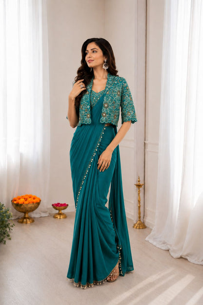 Ready-to-Wear Heavy Crepe Silk Saree with Embroidered Koti and Blouse