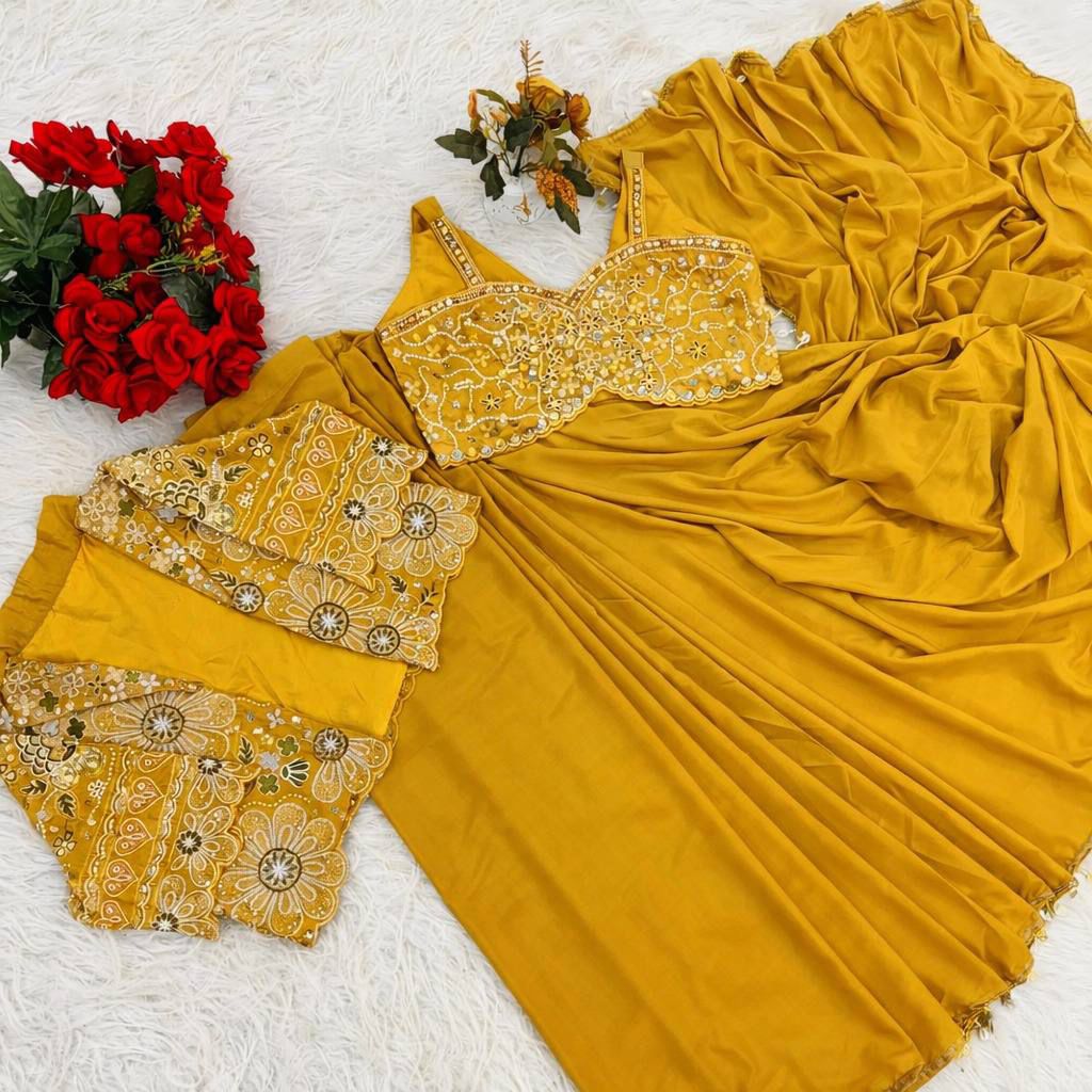 Ready-to-Wear Heavy Crepe Silk Saree with Embroidered Koti and Blouse