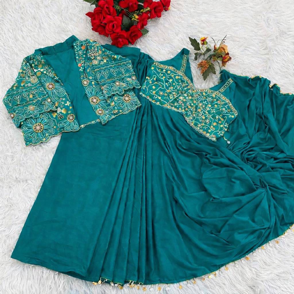 Ready-to-Wear Heavy Crepe Silk Saree with Embroidered Koti and Blouse