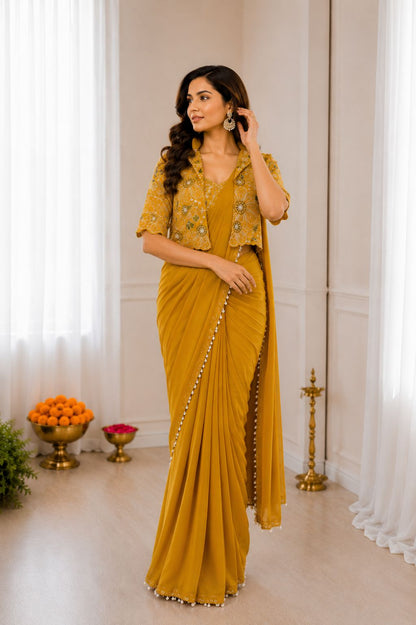 Ready-to-Wear Heavy Crepe Silk Saree with Embroidered Koti and Blouse
