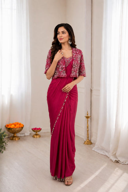 Ready-to-Wear Heavy Crepe Silk Saree with Embroidered Koti and Blouse