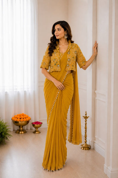 Ready-to-Wear Heavy Crepe Silk Saree with Embroidered Koti and Blouse
