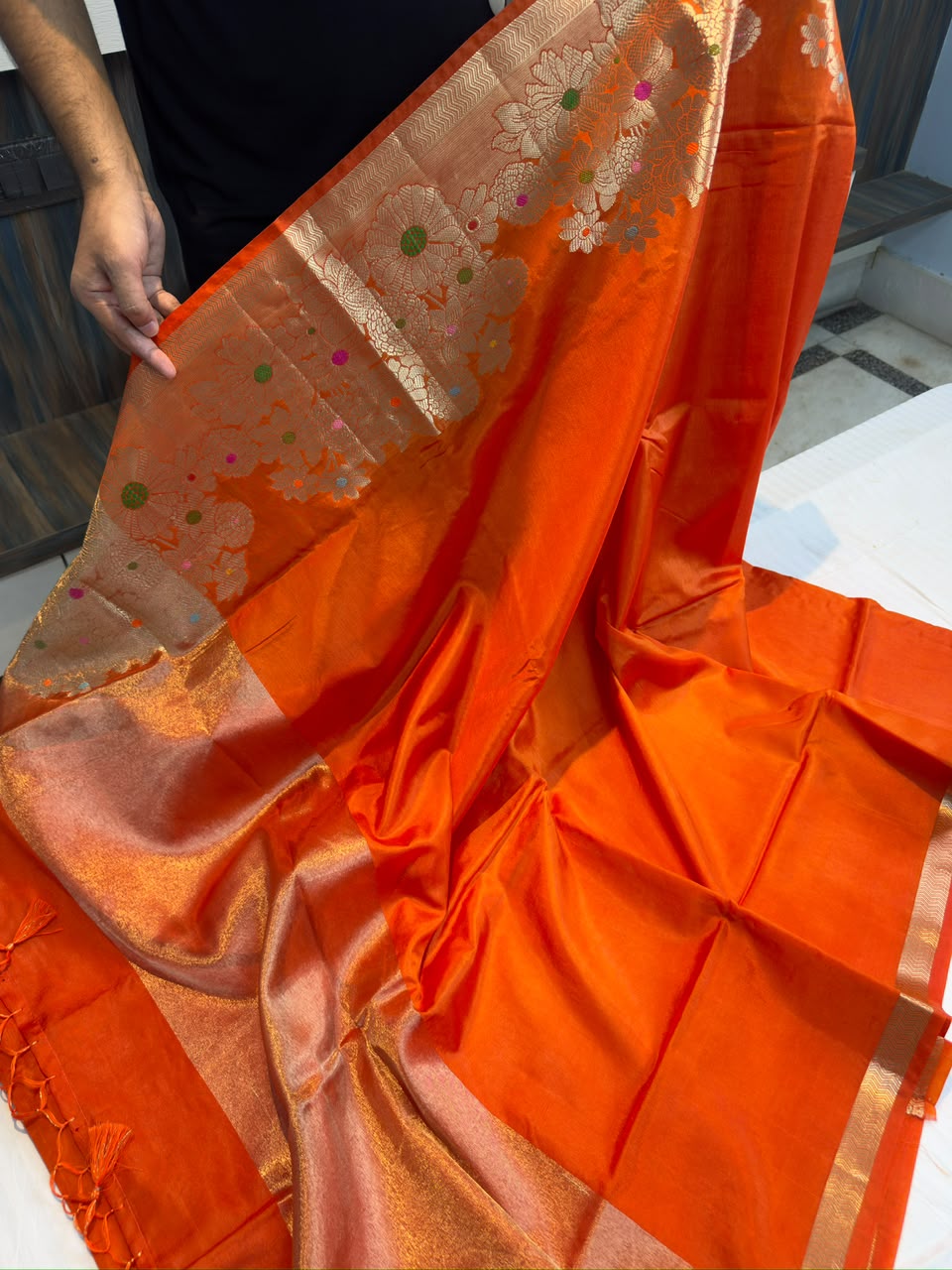 Banarasi Green Raw Mango Soft Silk Saree with Alfi Minakari Border