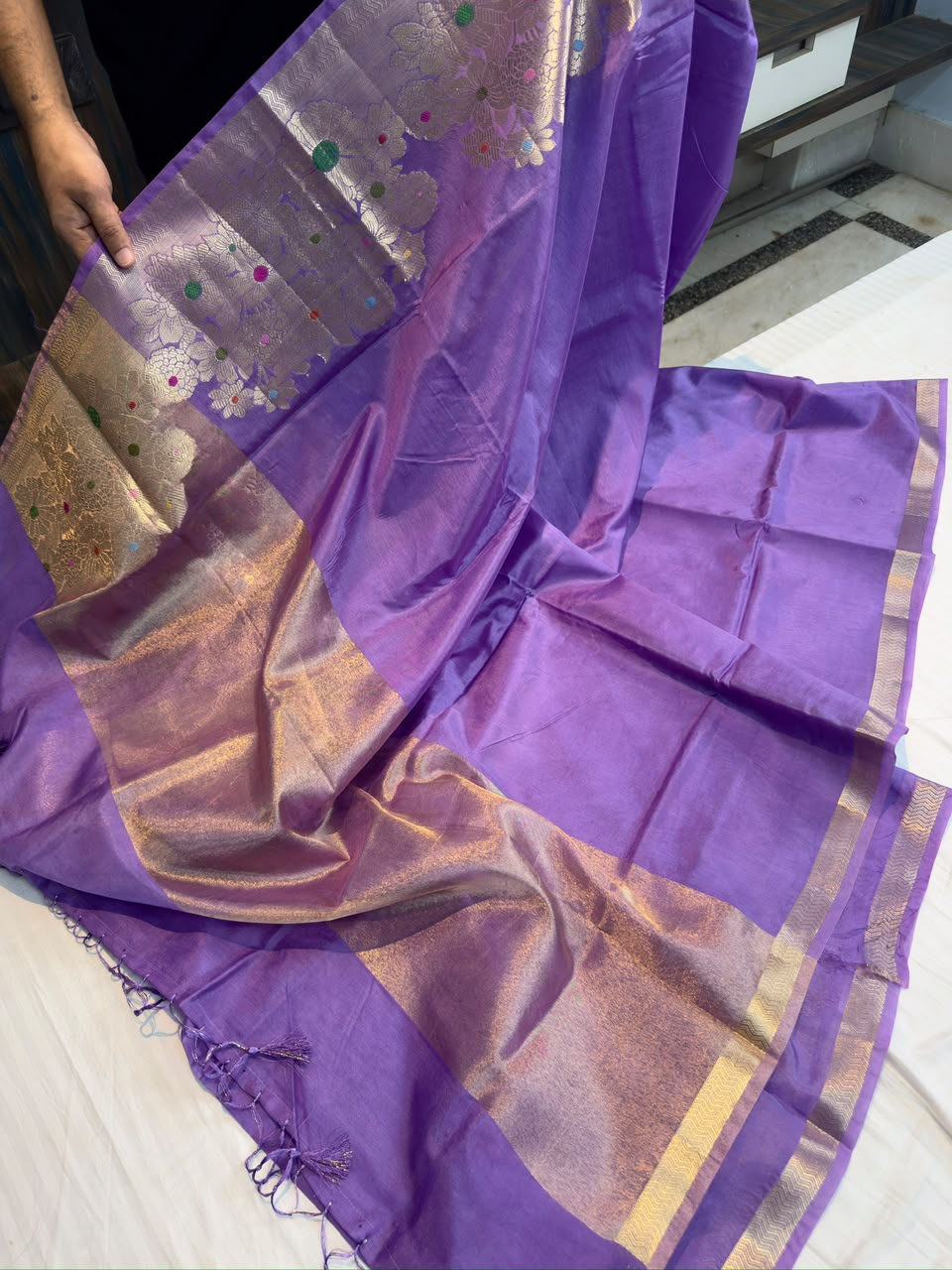 Banarasi Green Raw Mango Soft Silk Saree with Alfi Minakari Border