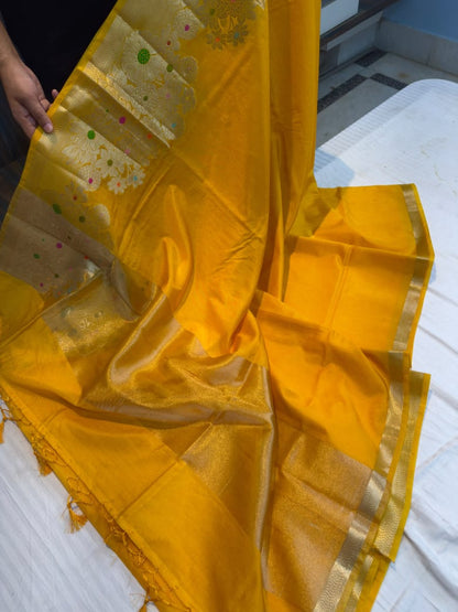 Banarasi Green Raw Mango Soft Silk Saree with Alfi Minakari Border