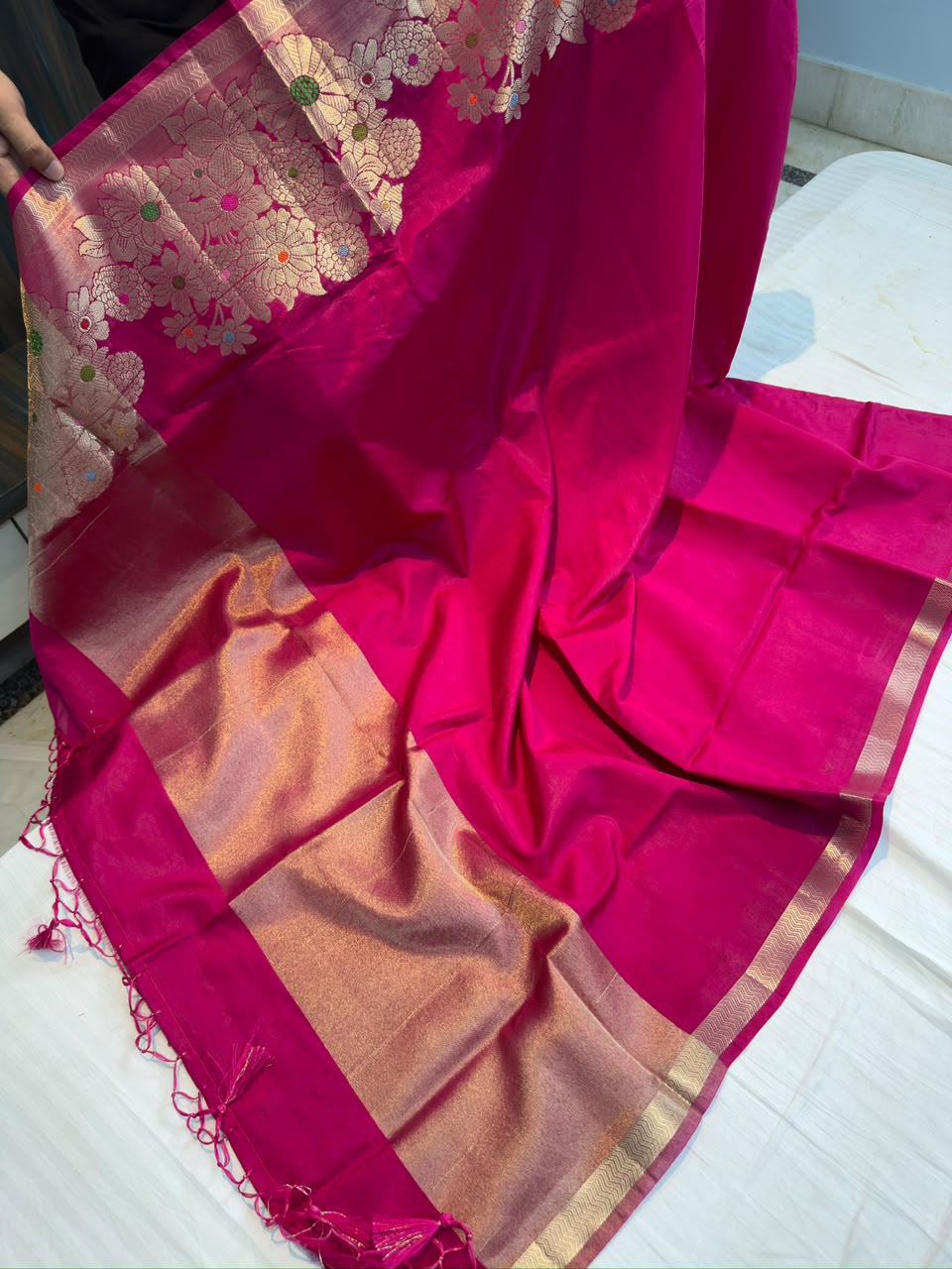 Banarasi Green Raw Mango Soft Silk Saree with Alfi Minakari Border