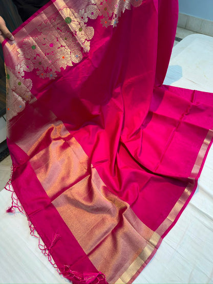 Banarasi Green Raw Mango Soft Silk Saree with Alfi Minakari Border