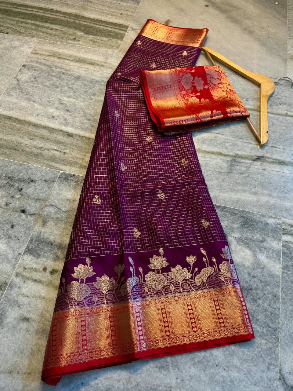 Banarasi Katan Silk Saree with Check Buti Design and Jacquard Pallu