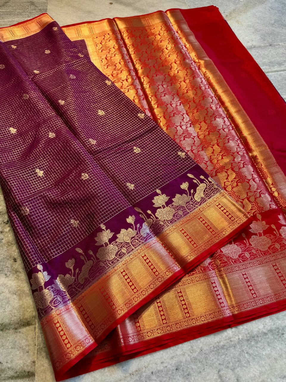 Banarasi Katan Silk Saree with Check Buti Design and Jacquard Pallu