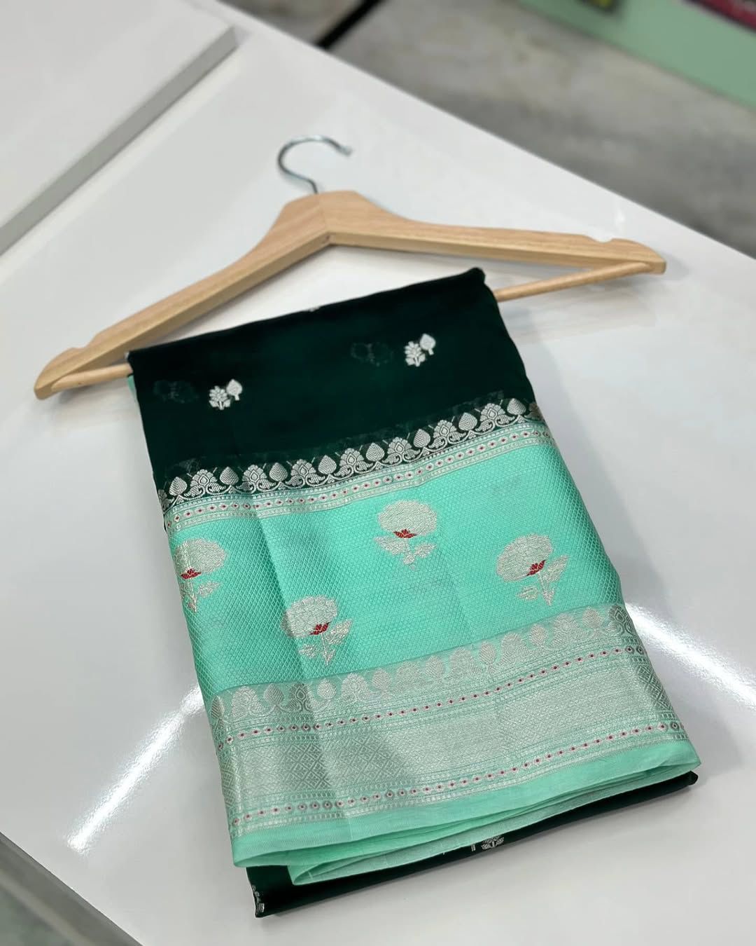 Banarasi Handloom Raw Mango Silk Saree with Double Meena Zari Butta