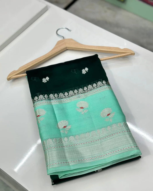 Banarasi Handloom Raw Mango Silk Saree with Double Meena Zari Butta