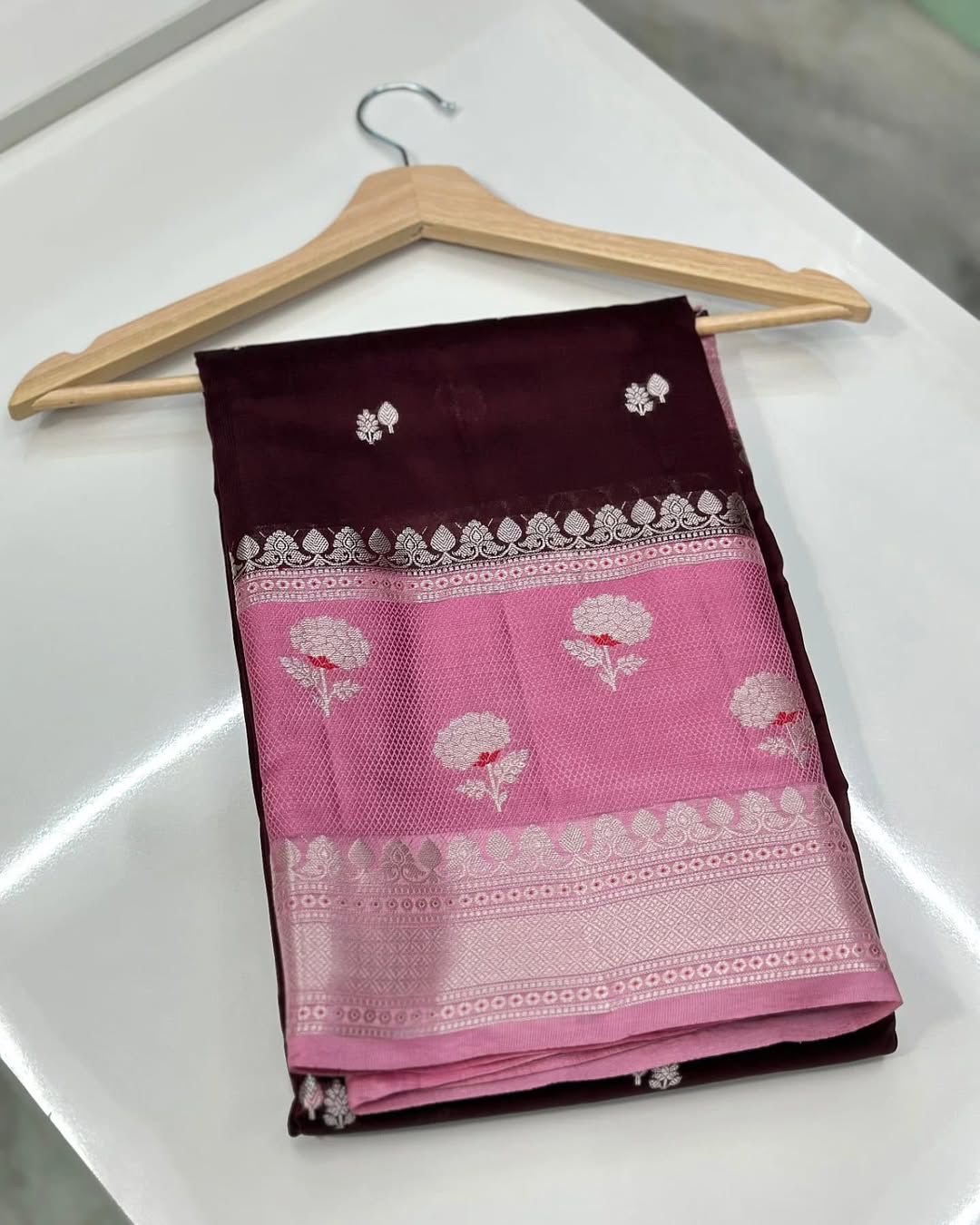 Banarasi Handloom Raw Mango Silk Saree with Double Meena Zari Butta