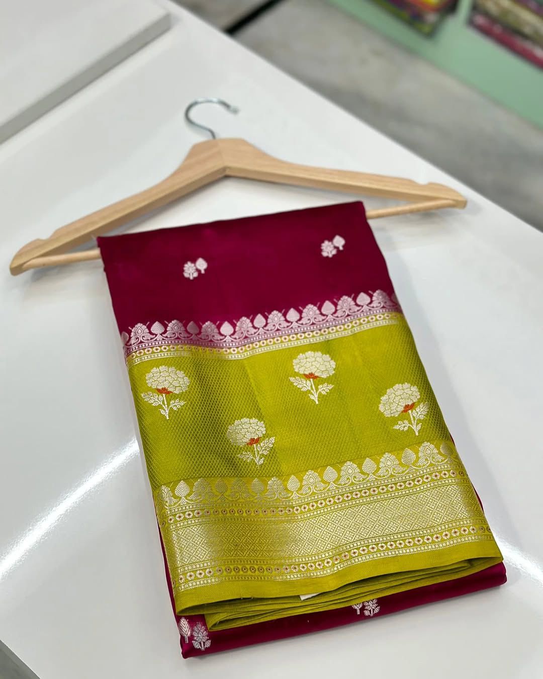 Banarasi Handloom Raw Mango Silk Saree with Double Meena Zari Butta