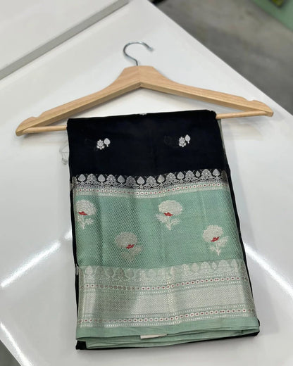 Banarasi Handloom Raw Mango Silk Saree with Double Meena Zari Butta