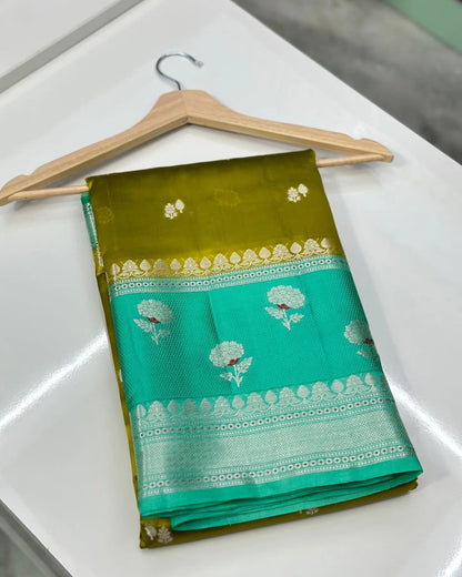 Banarasi Handloom Raw Mango Silk Saree with Double Meena Zari Butta