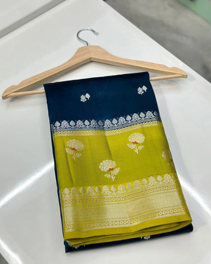 Banarasi Handloom Raw Mango Silk Saree with Double Meena Zari Butta