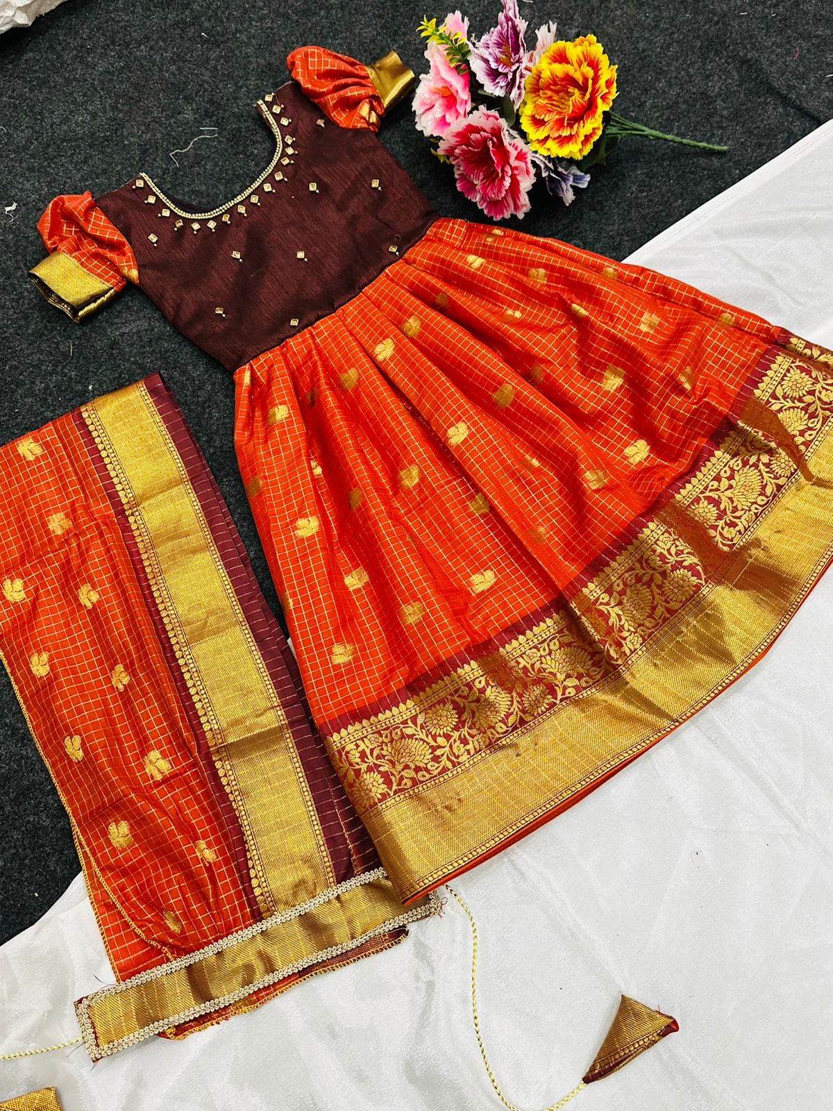 Premium Long Frock for Girls with Attached Dupatta and Pattu Yoke