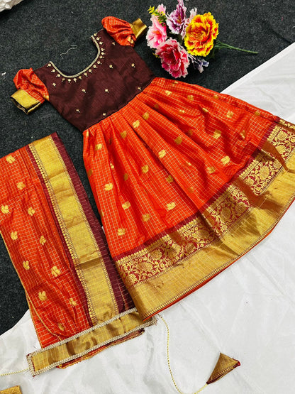 Premium Long Frock for Girls with Attached Dupatta and Pattu Yoke