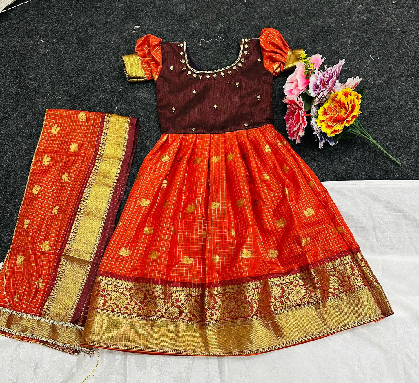 Premium Long Frock for Girls with Attached Dupatta and Pattu Yoke