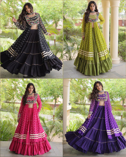 Navratri Kora Cotton Lehenga with Bandhani Kutchi Patchwork Kurti Set