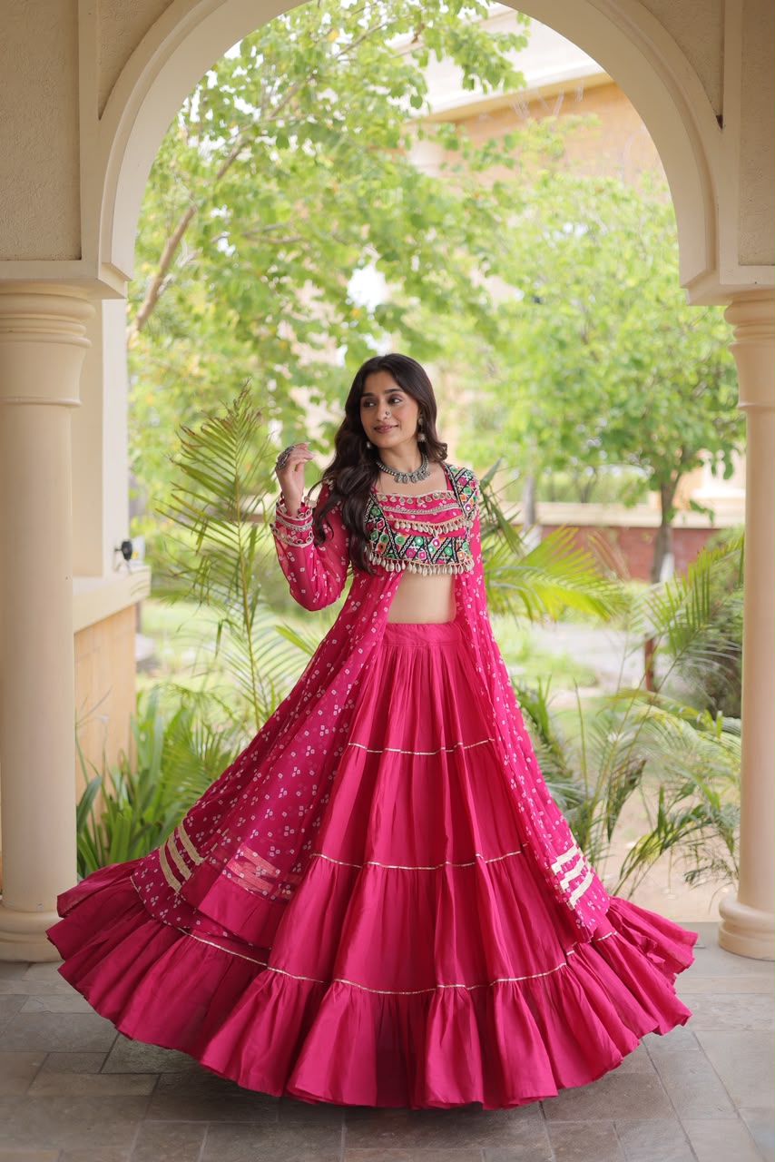 Navratri Kora Cotton Lehenga with Bandhani Kutchi Patchwork Kurti Set