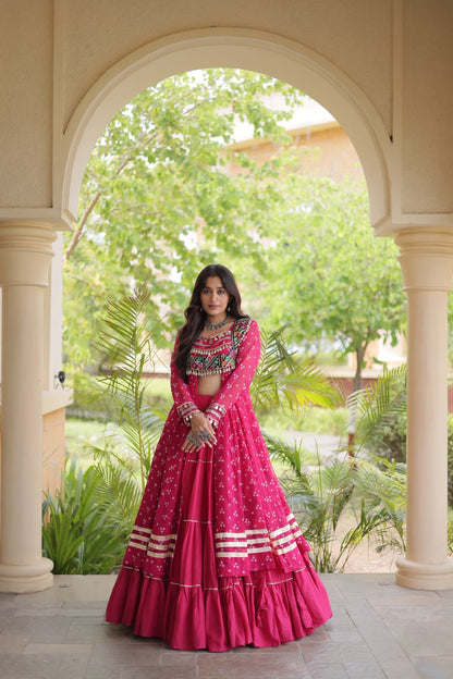 Navratri Kora Cotton Lehenga with Bandhani Kutchi Patchwork Kurti Set